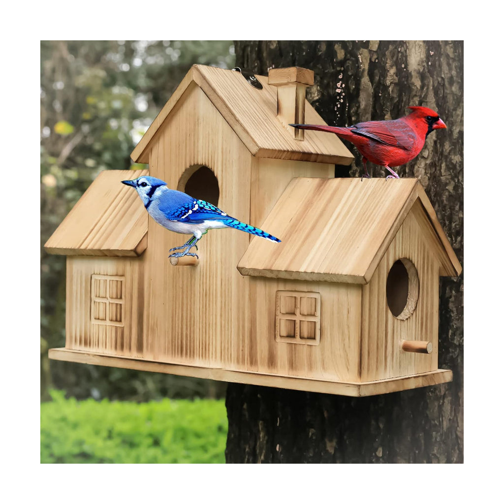 Bird Houses for Outside 3 Hole Bird House Room for 3 Bird Families Outdoor Bluebird Finch Cardinals Wooden Hanging
