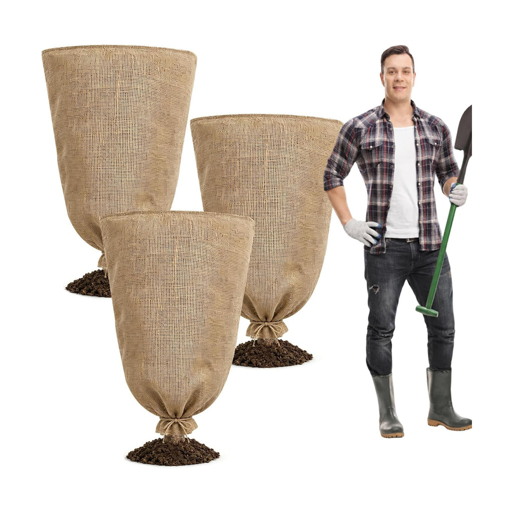3 Pack 24'' x 40'' Reusable Warm Burlap Winter Plant Cover Bags with Drawstring Burlap Plant Covers Freeze Protection