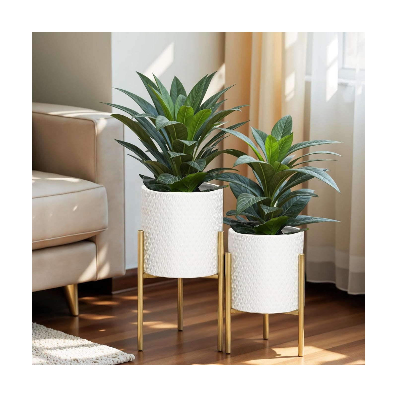 LuxenHome Indoor Planters, Set of 2 White Planter with Gold Metal Stand | Planters for Indoor Plant, Indoor Plant Pots
