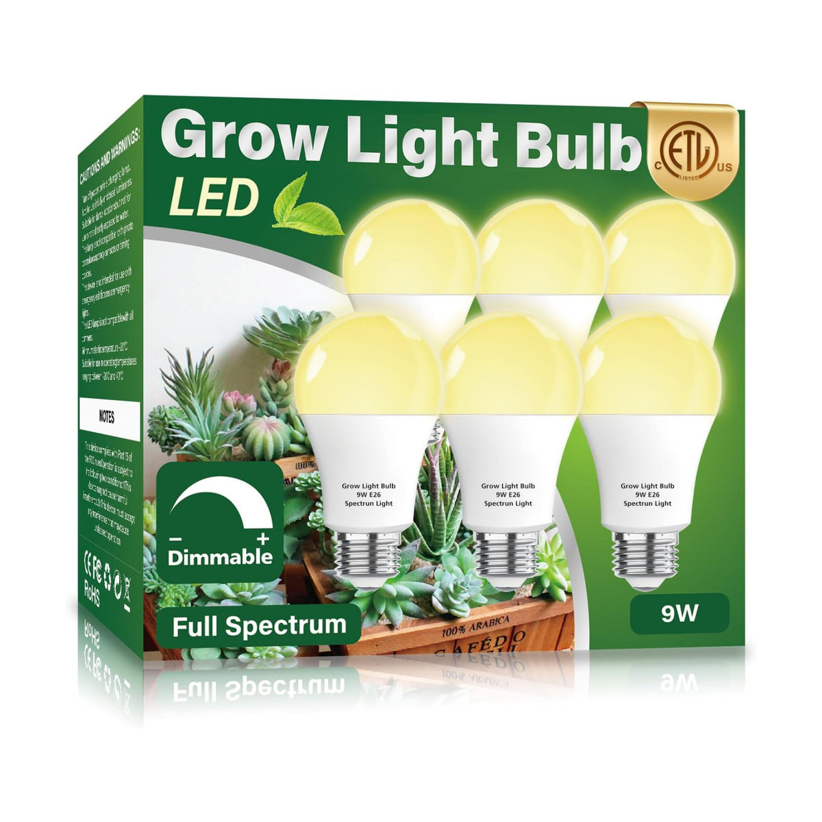 6 Pack Full Spectrum Grow Light Bulbs,A19 Grow Lights for Indoor Plants,Dimmable E26 9W Grow Bulb Replace up to 100W,Plant Lights for Indoor Growing,Flowers,Greenhouse,Indore