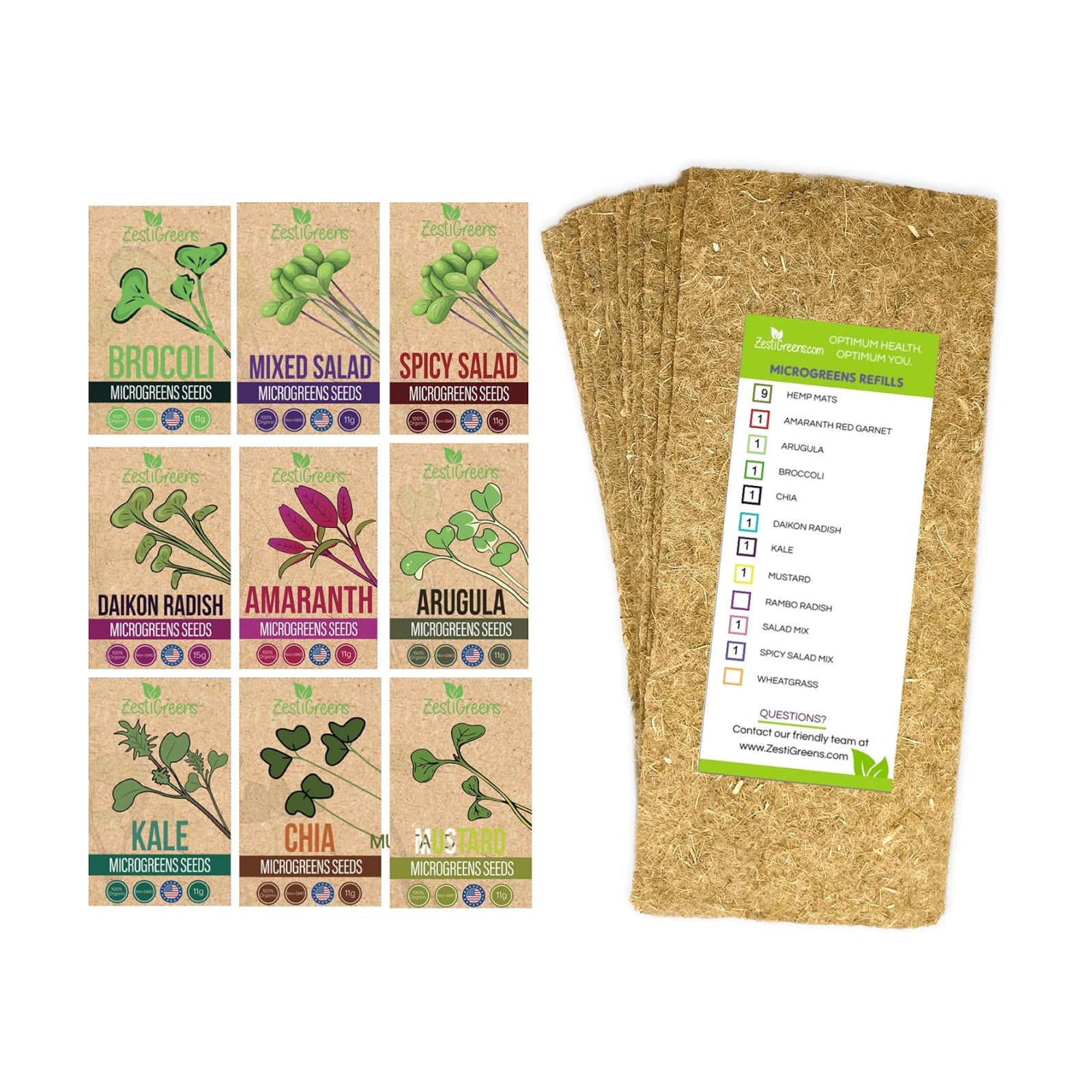 Microgreens Kit Refills - 9 Mats and 9 Different USA Seed Packs | Refill set with 9 plant mats and 9 seed packs for the