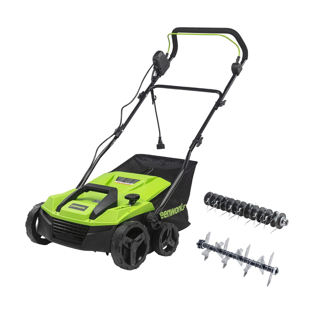 Greenworks 13 Amp 14-Inch Corded Dethatcher / Scarifier, 2-in-1 Electric Lawn Rake with 3-Position Depth Adjustment &
