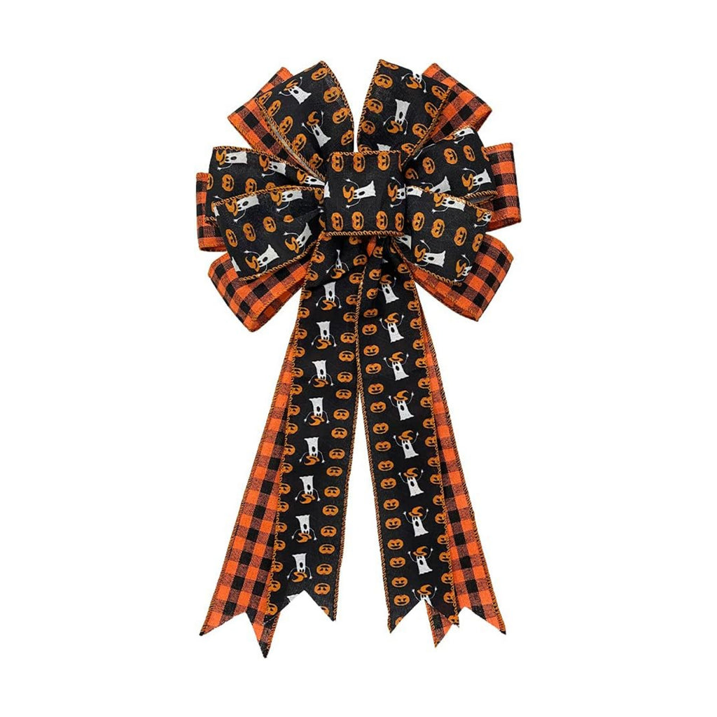 Large Black Red Buffalo Plaid Wreath Bow - Ghost Pumpkin Halloween Decoration for Indoor/Outdoor Wall/Door
