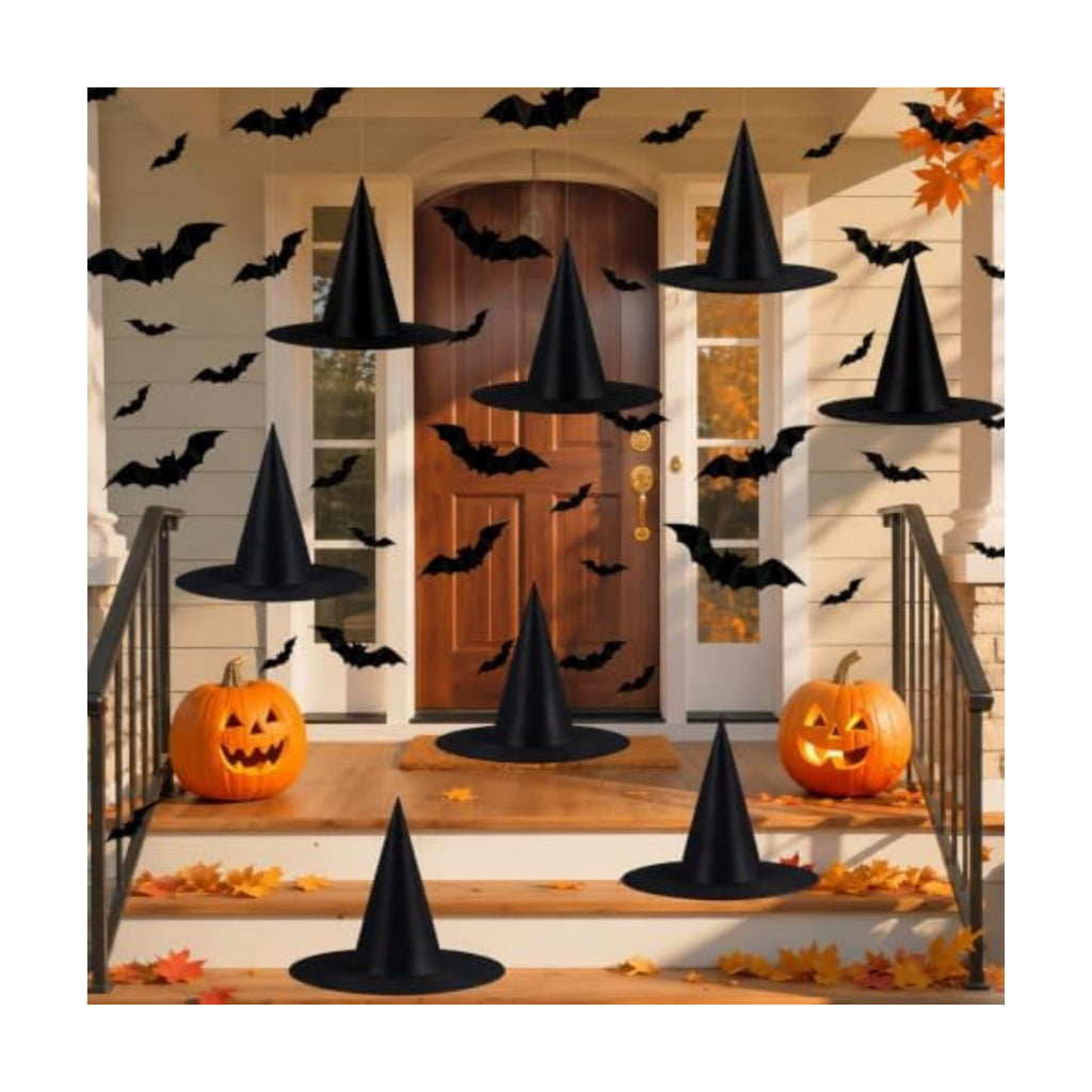 Tepoobea Halloween Decorations Black Witch Hats, 8 Pack Hanging Witches Hats & 32Pcs 3D Bats Halloween Decorations Outdoor Indoor