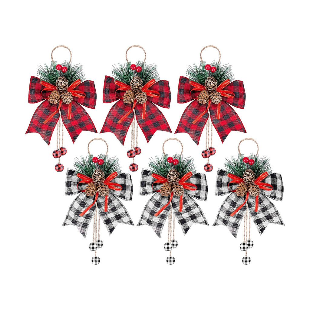 codree 6 Pcs Christmas Burlap Plaid Bows with Pine Cones Pine Needles
