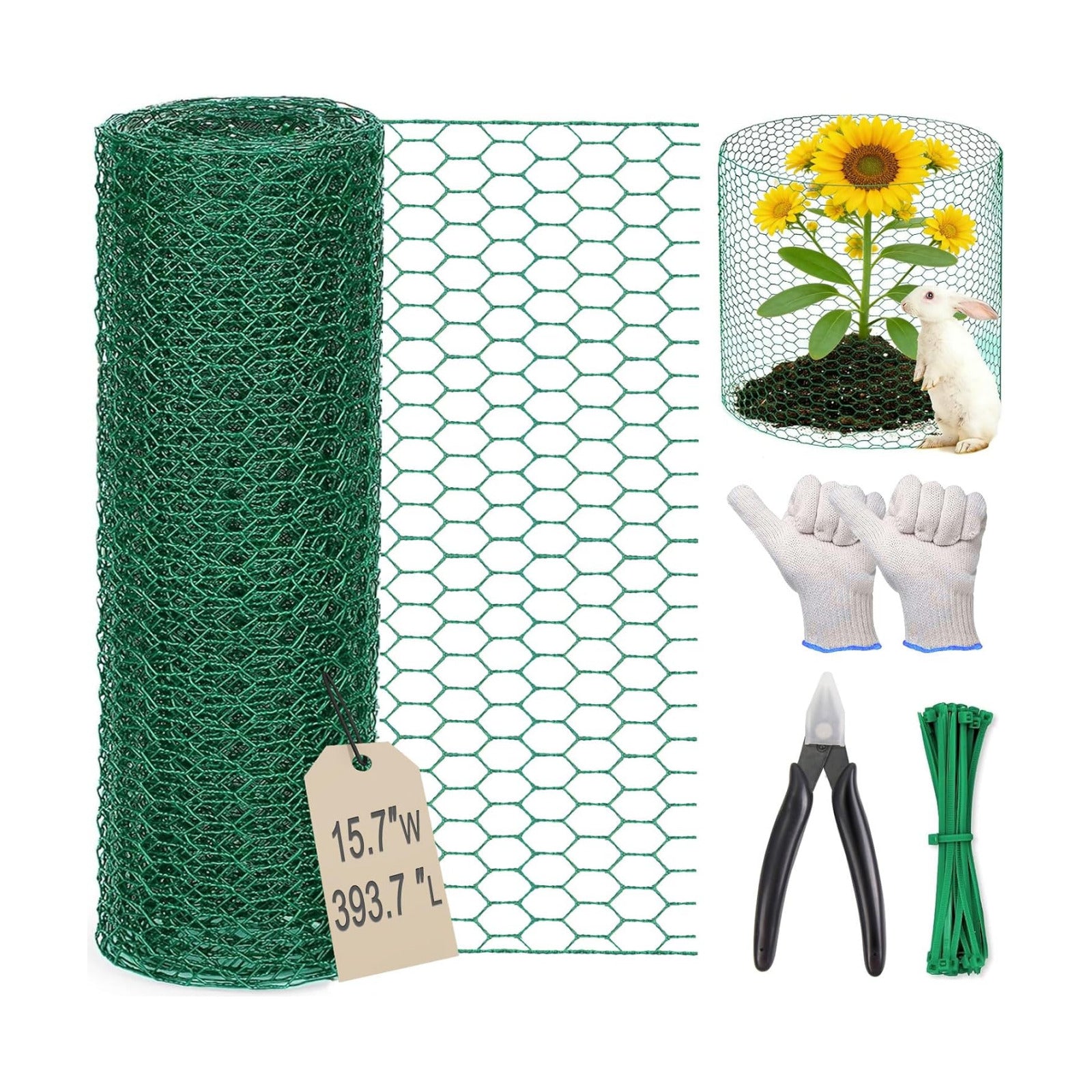 Chicken Wire 15.7in x 393.7in with a Pair of Gloves，1 Wire Cutter，100 Pcs Cable Zip Ties, Floral Chicken Wire Mesh