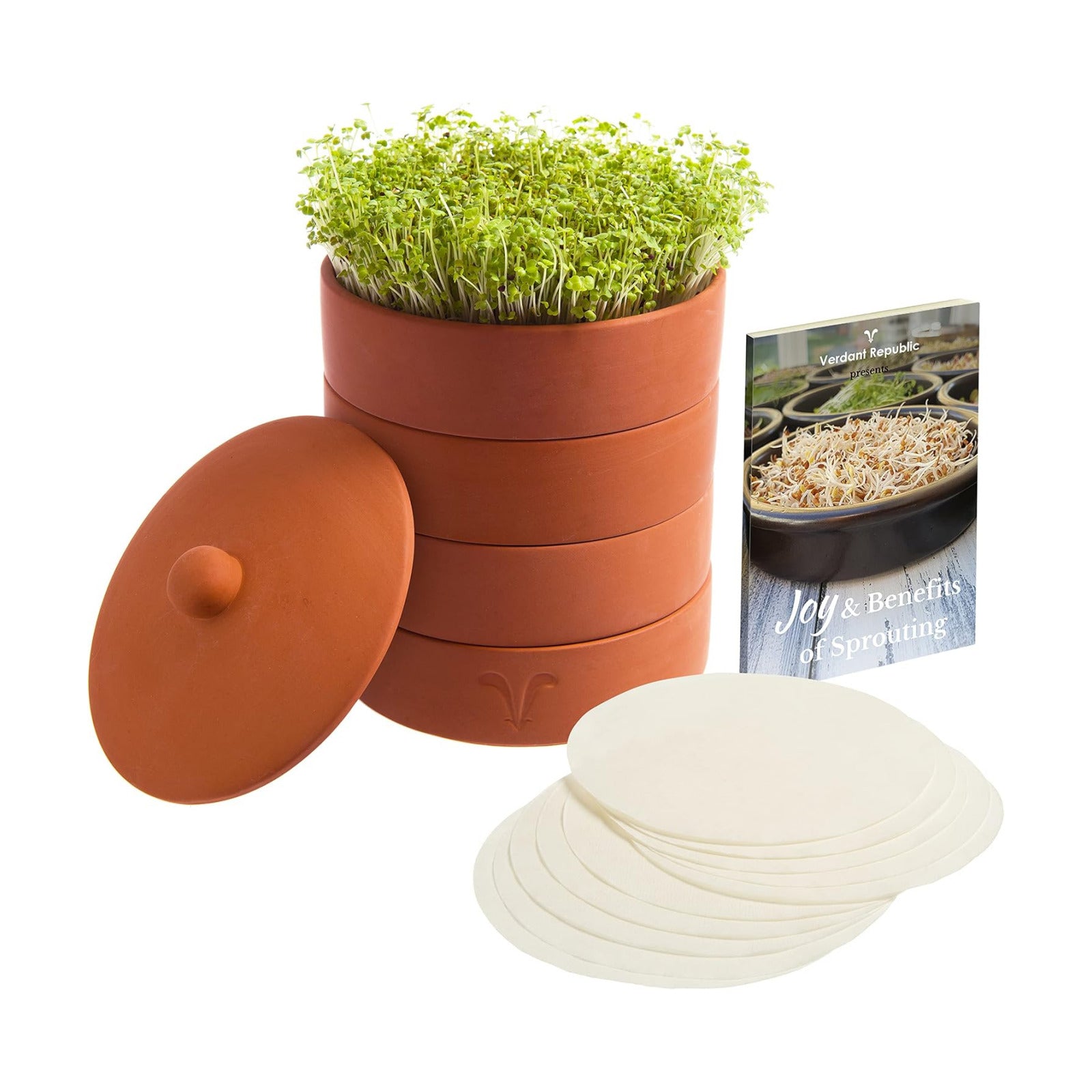 Clay Sprouter Kit | Terracotta Tower with 3 Shallow Germinating Trays, Paper Discs & Free E-Book | 2 in 1 Sprouting