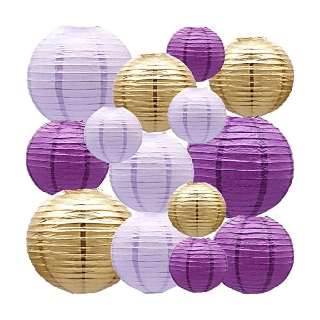 14 Pcs Purple Lavender Gold Paper Lanterns, 6-10 in Hanging Party Decor Set