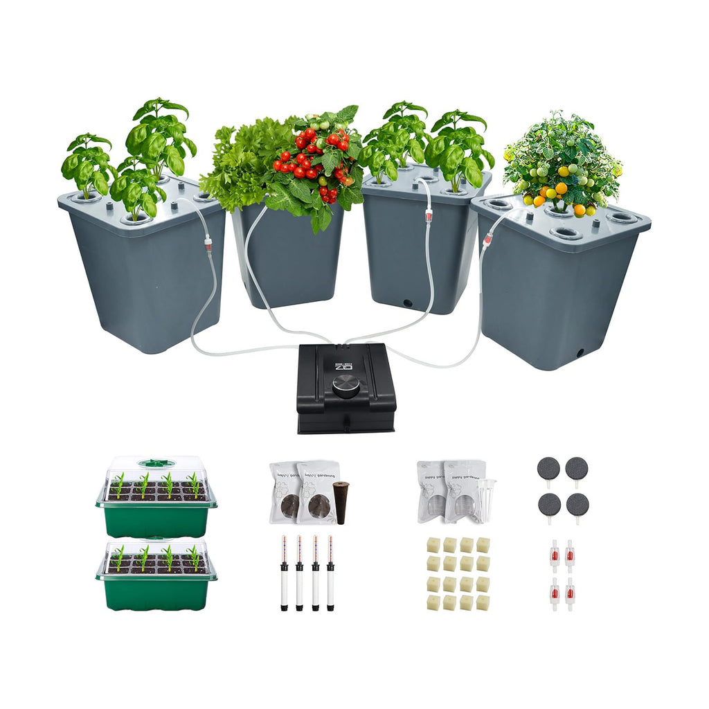 4 Hydroponic Buckets Kit for Plants, Hydroponics Growing System for Herbs/Tomato/Vegetables, DWC System with Air Pump &