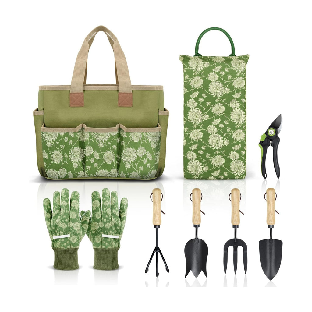 Garden Tools Set, 8 Piece, Heavy Duty Gardening Tools with Wooden Handle, Including Garden Tote, Kneeling Pad, Gloves
