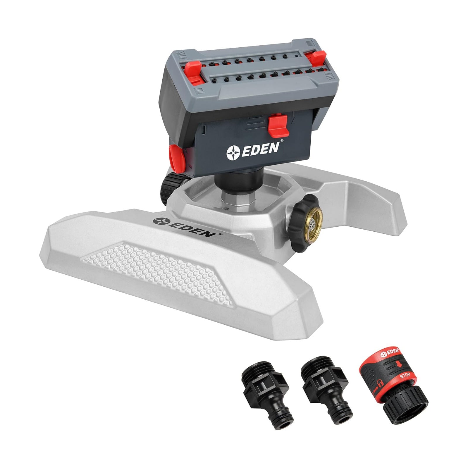 Eden 94127 Metal Adjustable 4-Way Mini Turbo Oscillating Sprinkler W/Quick Connect Starter Set, 20 Nozzle, Covers up to
