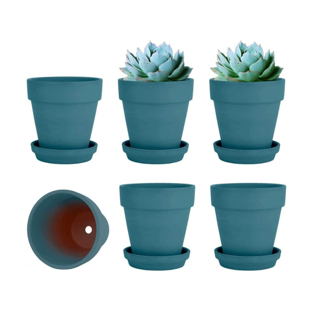 4 Inch Steel Blue Terracotta & Clay Pots with Saucer, 6 Pack | Medium Terra Cotta Planter with Drainage, Flowerpot for