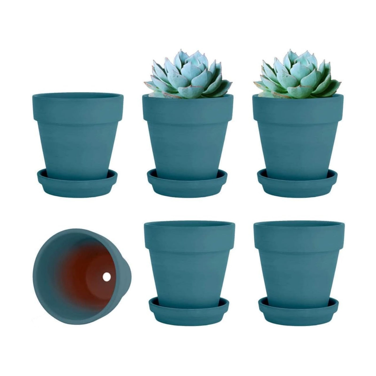 4 Inch Steel Blue Terracotta & Clay Pots with Saucer, 6 Pack | Medium Terra Cotta Planter with Drainage, Flowerpot for