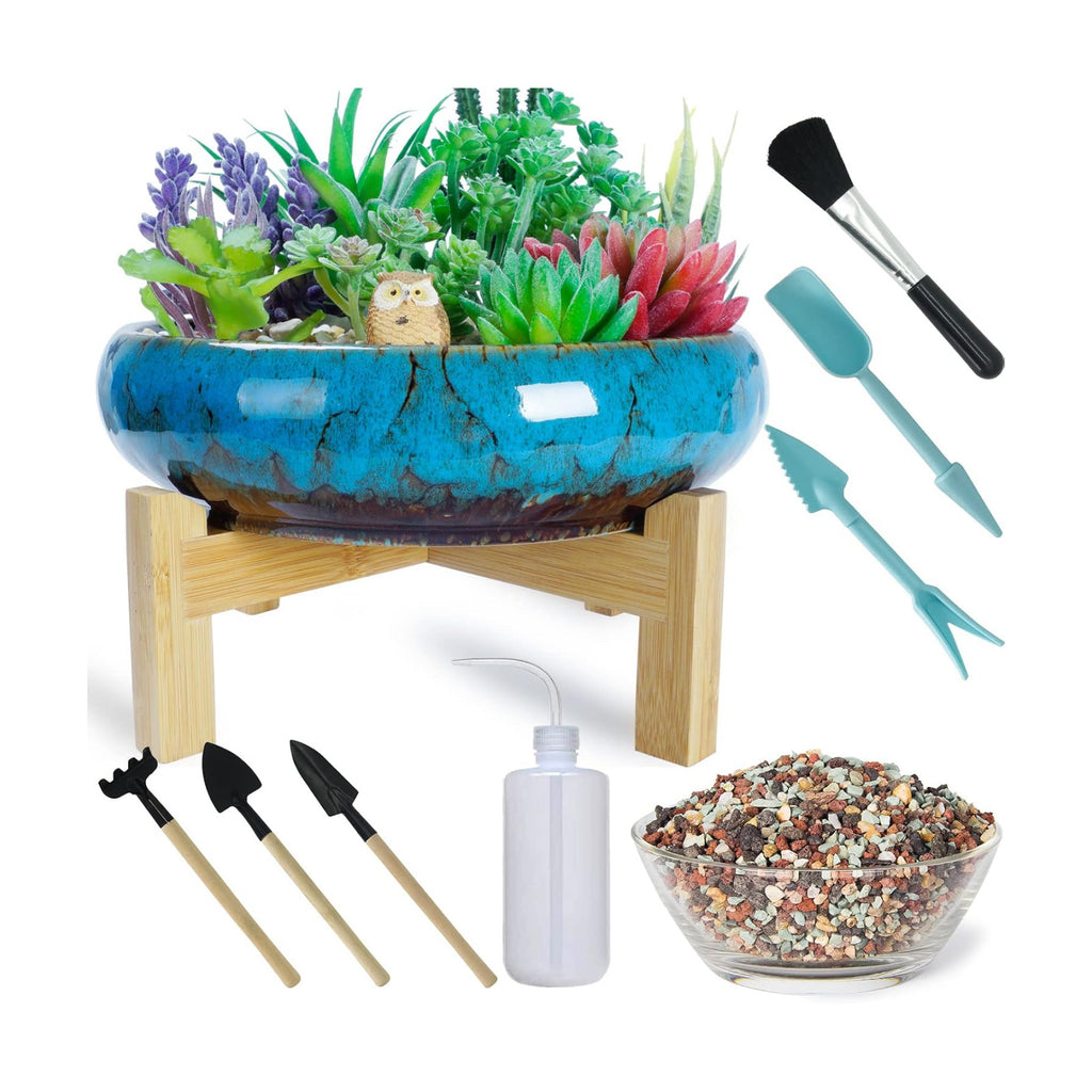 Succulent Pots, 10 Inch Large Succulent Planters with Stand - Ceramic Bonsai Pot with Drainage for Indoor Plants Cactus