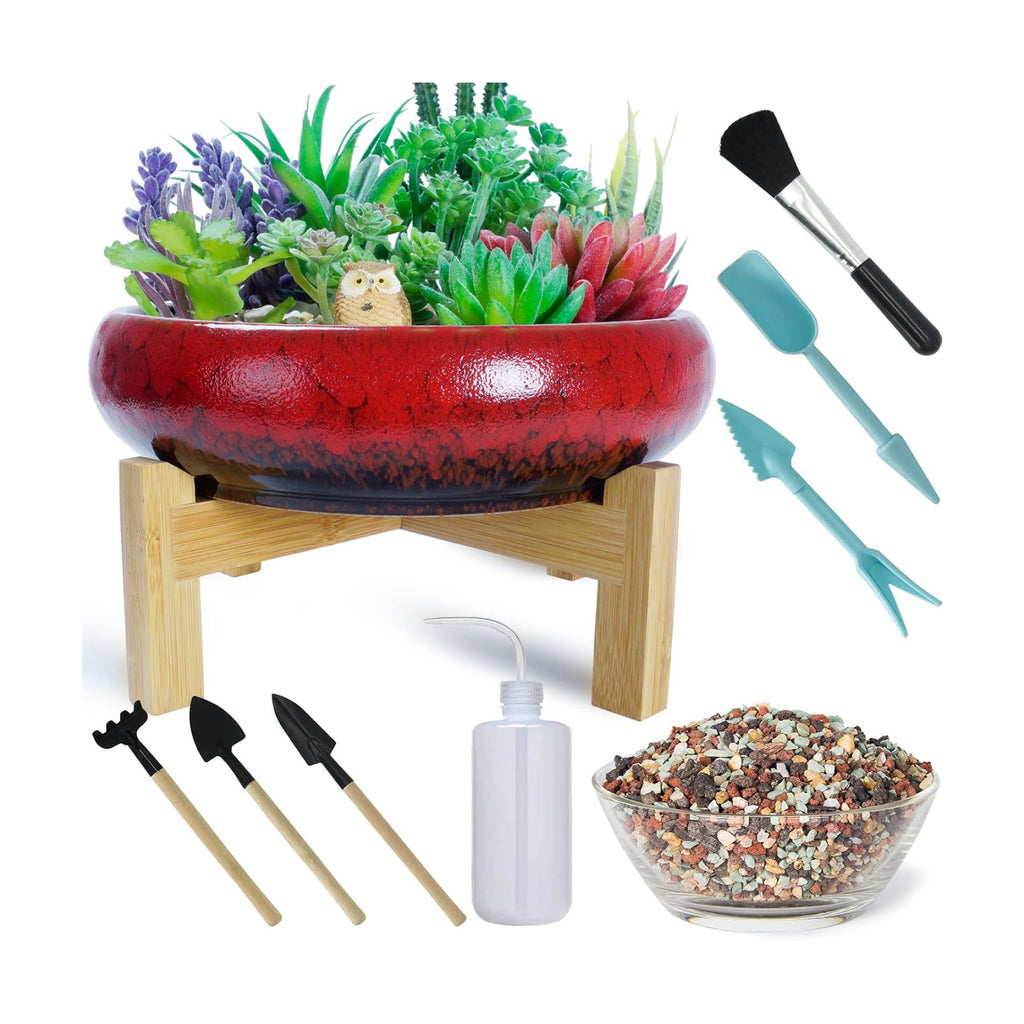 Large Succulent Pots with Drainage & Stand, 10 inch Ceramic Succulent Planter for indoor Plants plus Decorative Rock