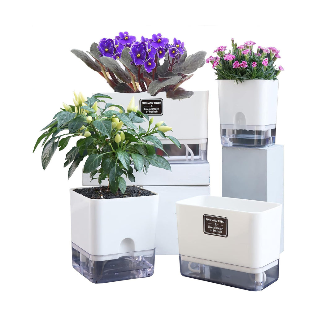 FAMZ Self Watering Pots for Indoor Plants 4 Pack White Self Watering Planters with Water Reservoir and Cotton Wick