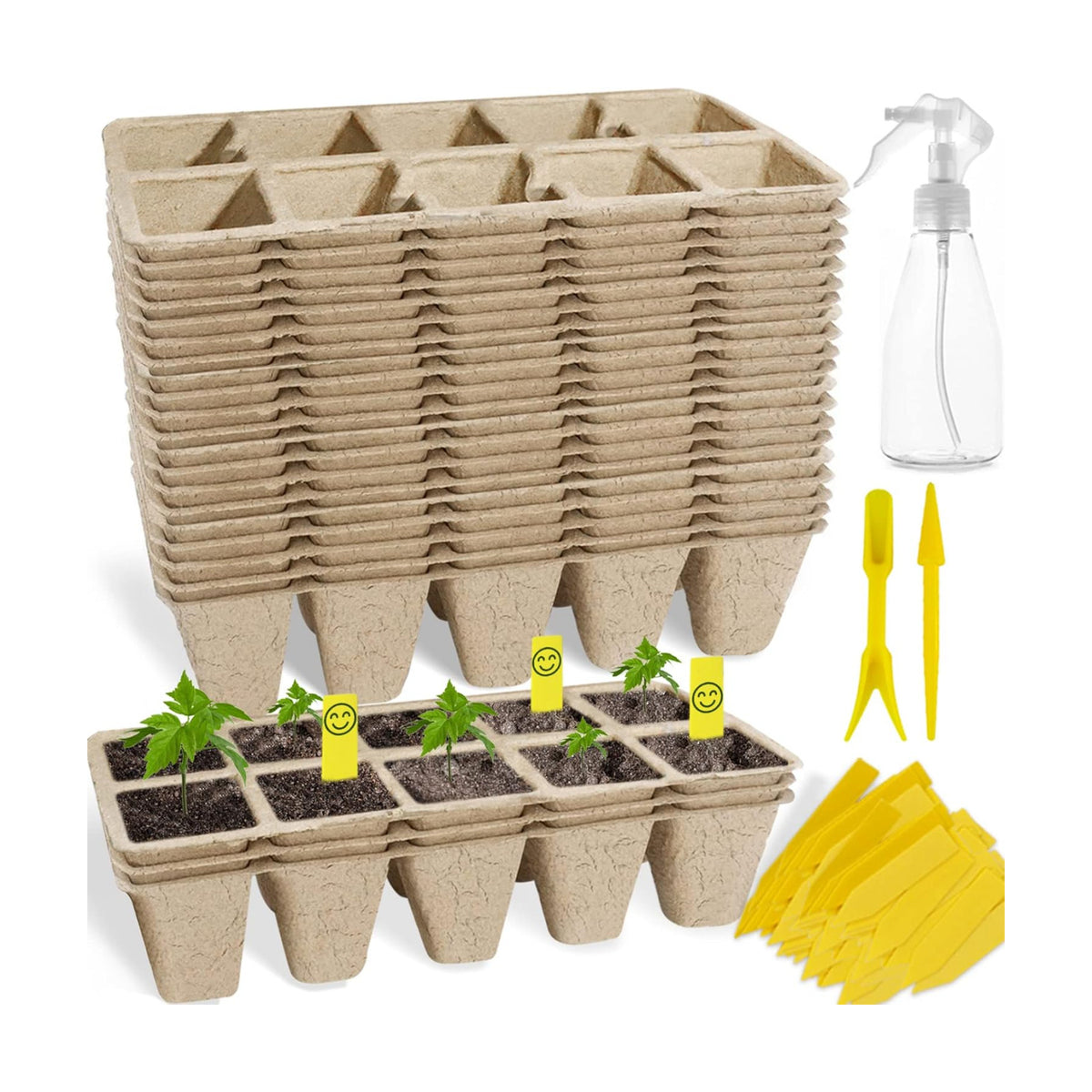 200Cells Seedling Start Trays with Drain Holes,20pcs Peat Pots Seedling Pots Biodegradable,Seedling Starter Kit,Organic Germination Plant Starter Trays(200xLabels,2xTransplant Tools,1xSpray Bottle)