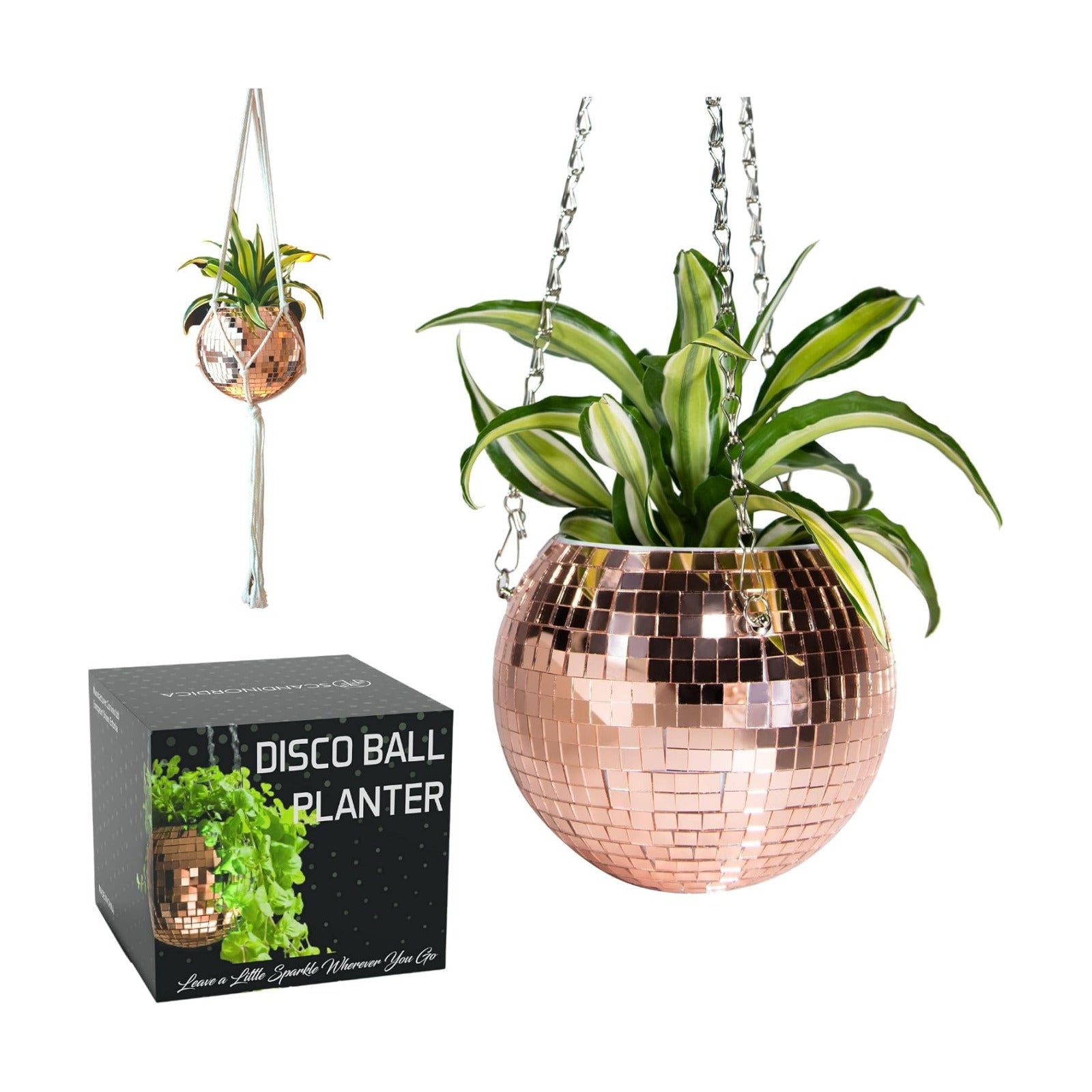 Disco Ball Planter – Value Package: Mirror Disco Planter with Chain, Macrame Hanger and Acrylic Stand for Desk