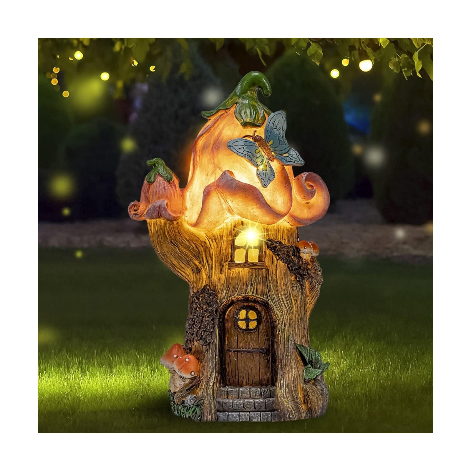 Fairy Garden Accessories Outdoor Statues, Mushroom House Decor,Large Gnome Solar Powered Lights Sculptures,Pink Resin