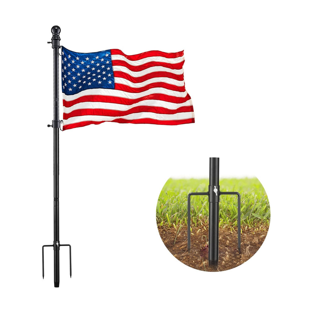 Flag Pole Kit for Outside House in Ground - 8FT Black Metal Outdoor House Yard Garden Flag Pole with 2 Pronges Base