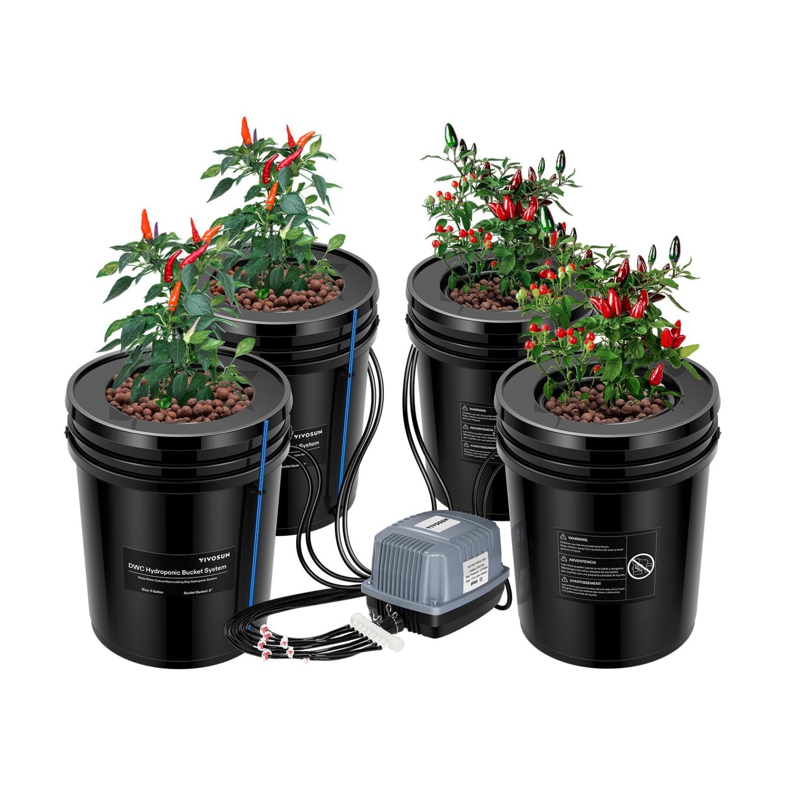 VIVOSUN DWC Hydroponics Grow System with Top Drip Kit 4 Buckets | 5-Gallon Deep Water Culture, Recirculating Drip