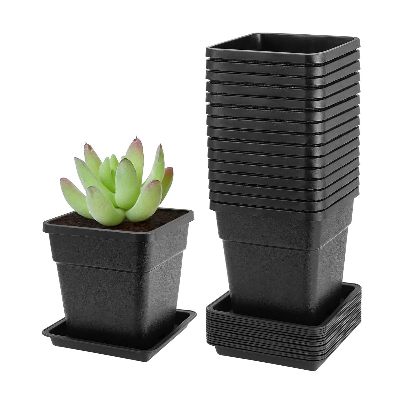 JEUIHAU 16 Packs 5.5 Inch Plastic Square Nursery Pots, Black Square Nursery Plant Pot with Saucers, Seedling Nursery