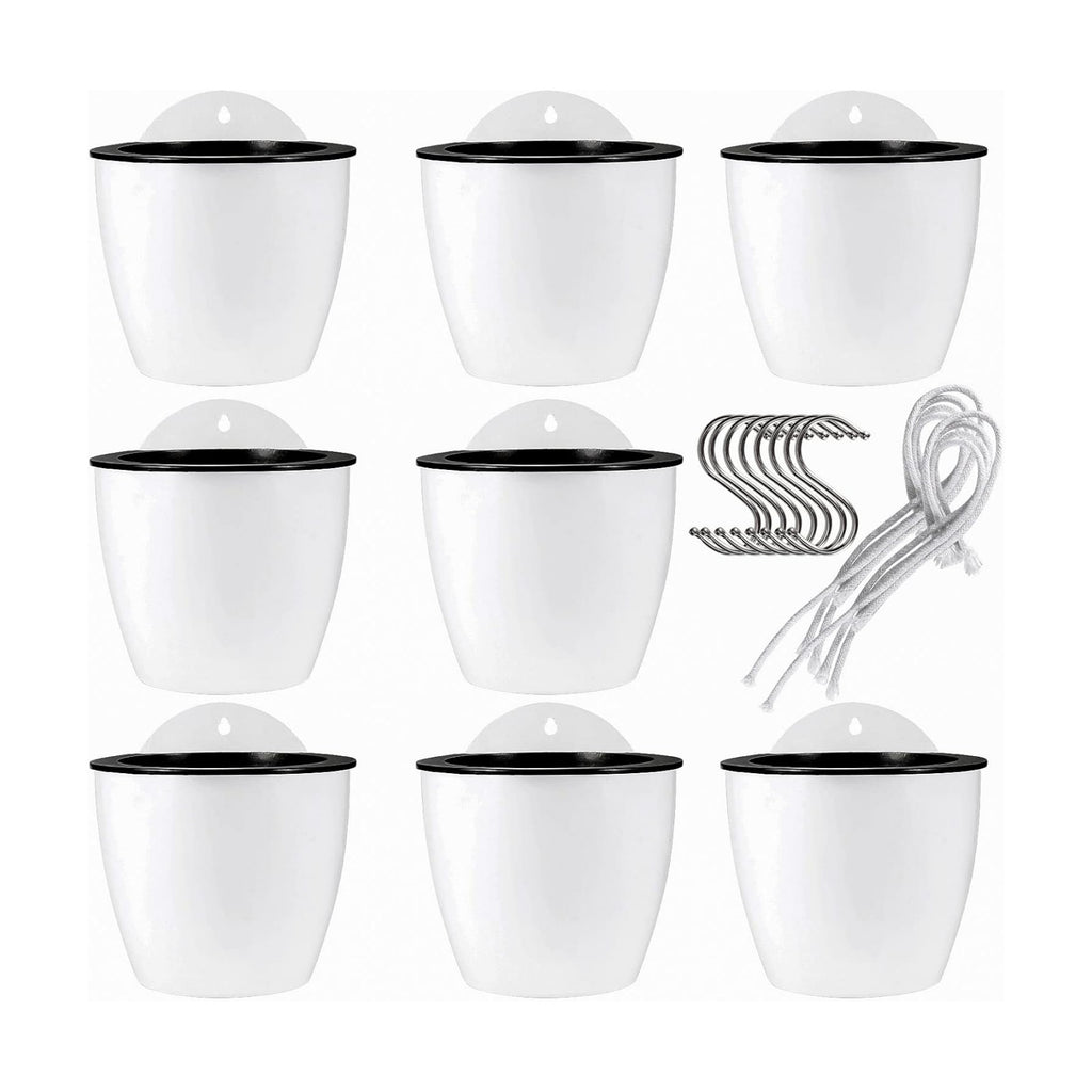 JAPCHET 8 Pack 7 Inch Self Watering Hanging Planters, Wall Hanging Plastic Planter Pot with 8 Hooks, Lazy Flower Pots
