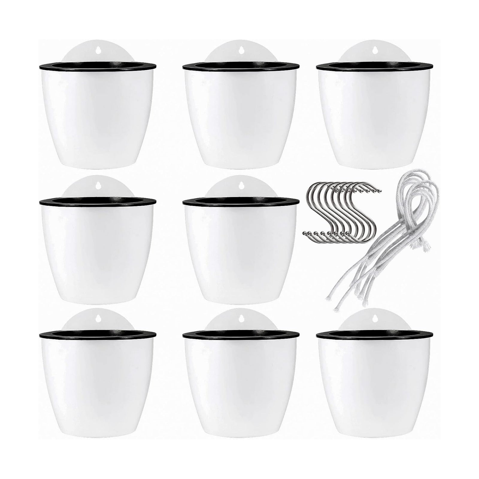JAPCHET 8 Pack 7 Inch Self Watering Hanging Planters, Wall Hanging Plastic Planter Pot with 8 Hooks, Lazy Flower Pots