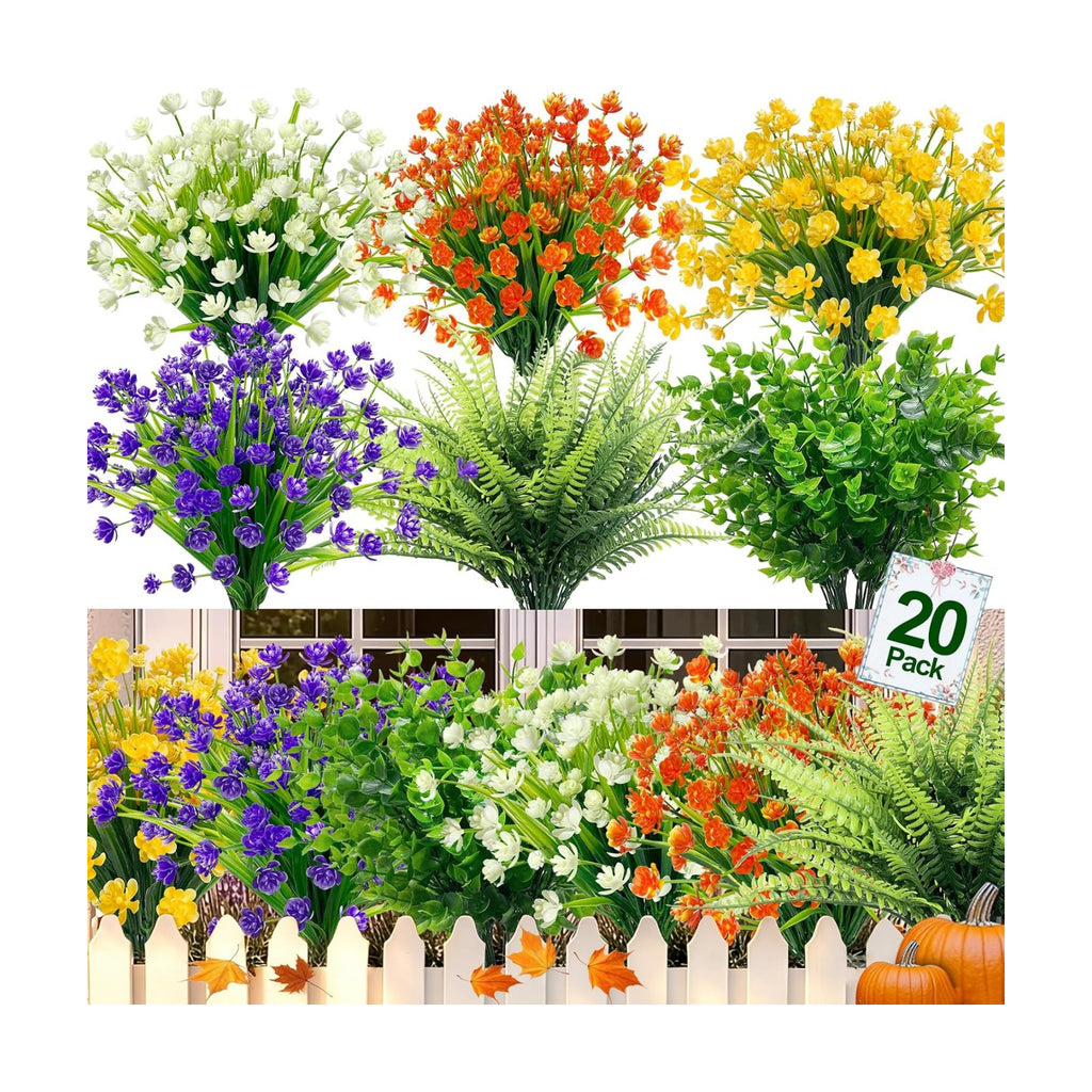 20 Bundles Artificial Flowers for Outdoors, Summer Spring Grass Camellia