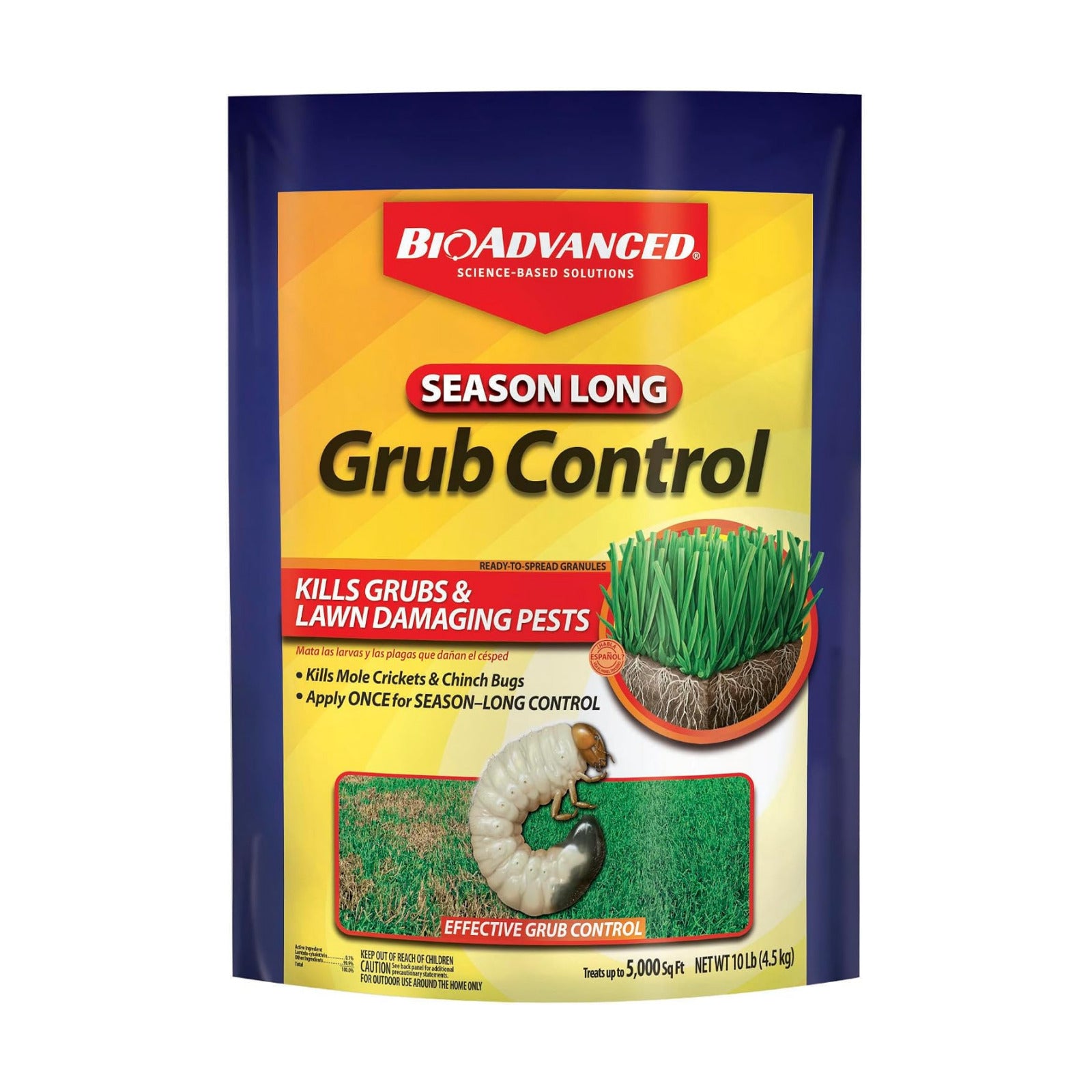 BioAdvanced Season Long Grub Control Granules - 10 lb Bag | Kills Grubs, Mole Crickets, Cinch Bugs, and More - Creates