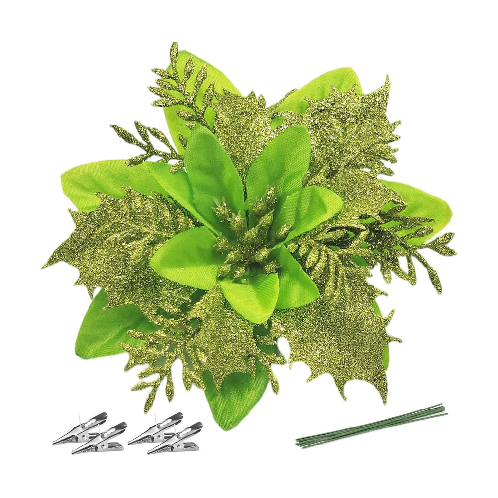 FurRain Christmas Poinsettia Artificial Flowers Decorations 5.5" Christmas Tree Wreaths Garland Decoration 12 Pcs Glitter Flowers Picks Decor for Xmas New Year Wedding Party Ornaments (Green)