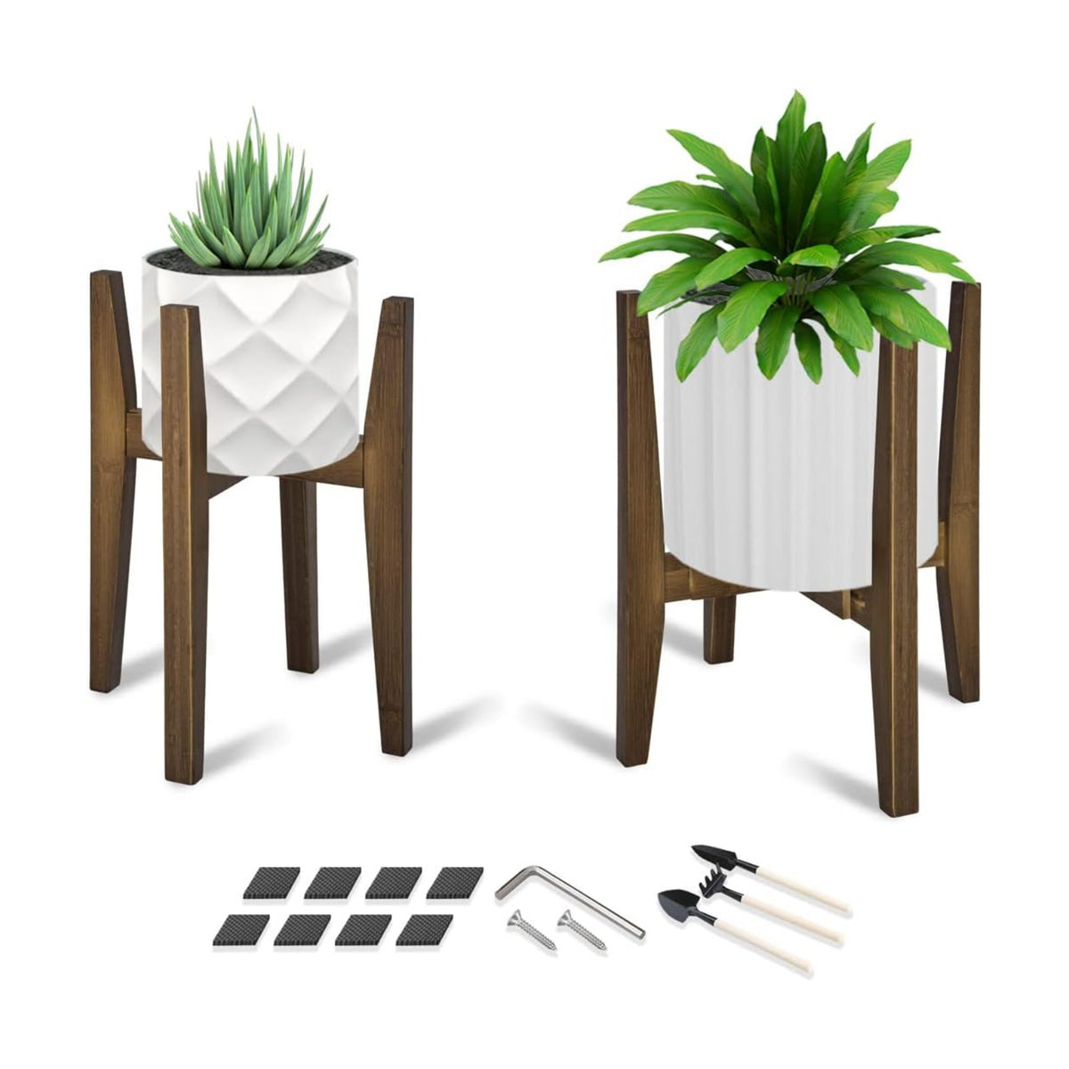 OERGKE 2 PACK Adjustable Plant Stand Indoor, Bamboo Mid Century Modern Plants Stands, Corner Flower Holder for Living Room, Fits 8 to 12 Inches Pots, (Pot & Plant Not Included)(Walnut)