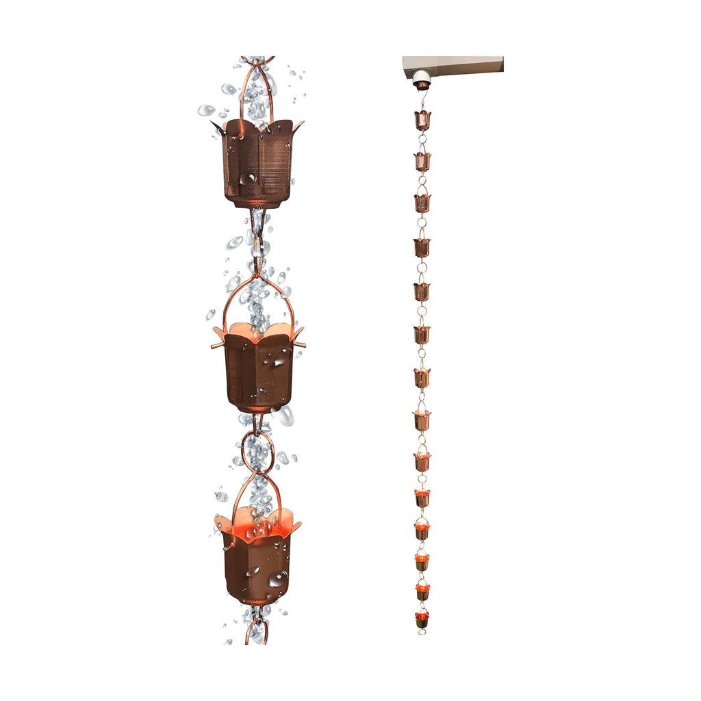 Rain Chains - Pure Copper Tulip Rain Chains for Downspouts. 8.5 Feet Length. Free Gutter Adapter. Windchime and