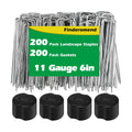 200 Pack Landscape Staples and 200 Pack Gaskets, 11 Gauge 6in Galvanized Steel Garden Staples with Black Pad for