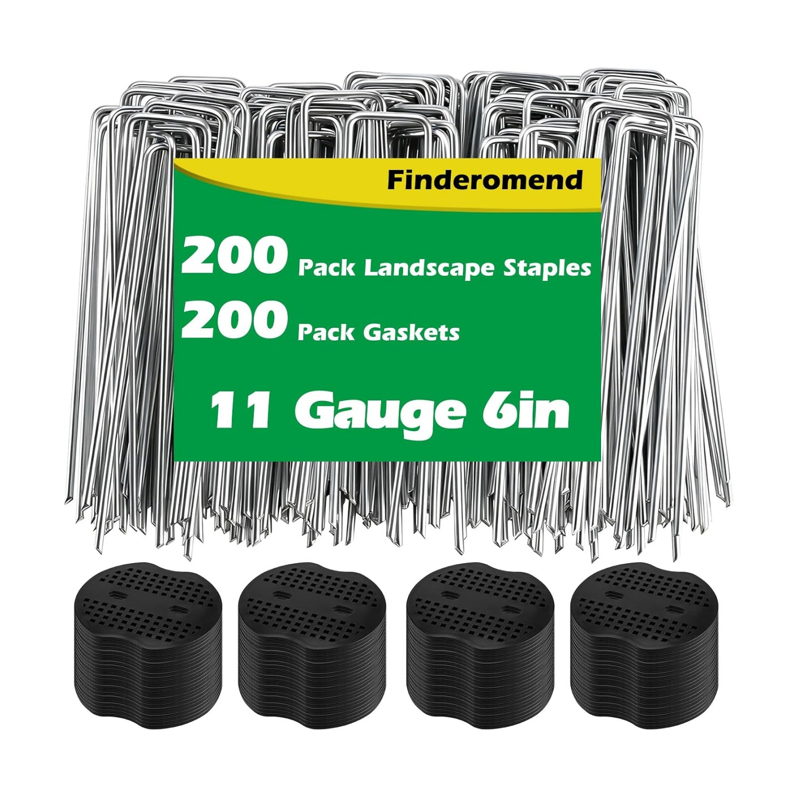 200 Pack Landscape Staples and 200 Pack Gaskets, 11 Gauge 6in Galvanized Steel Garden Staples with Black Pad for