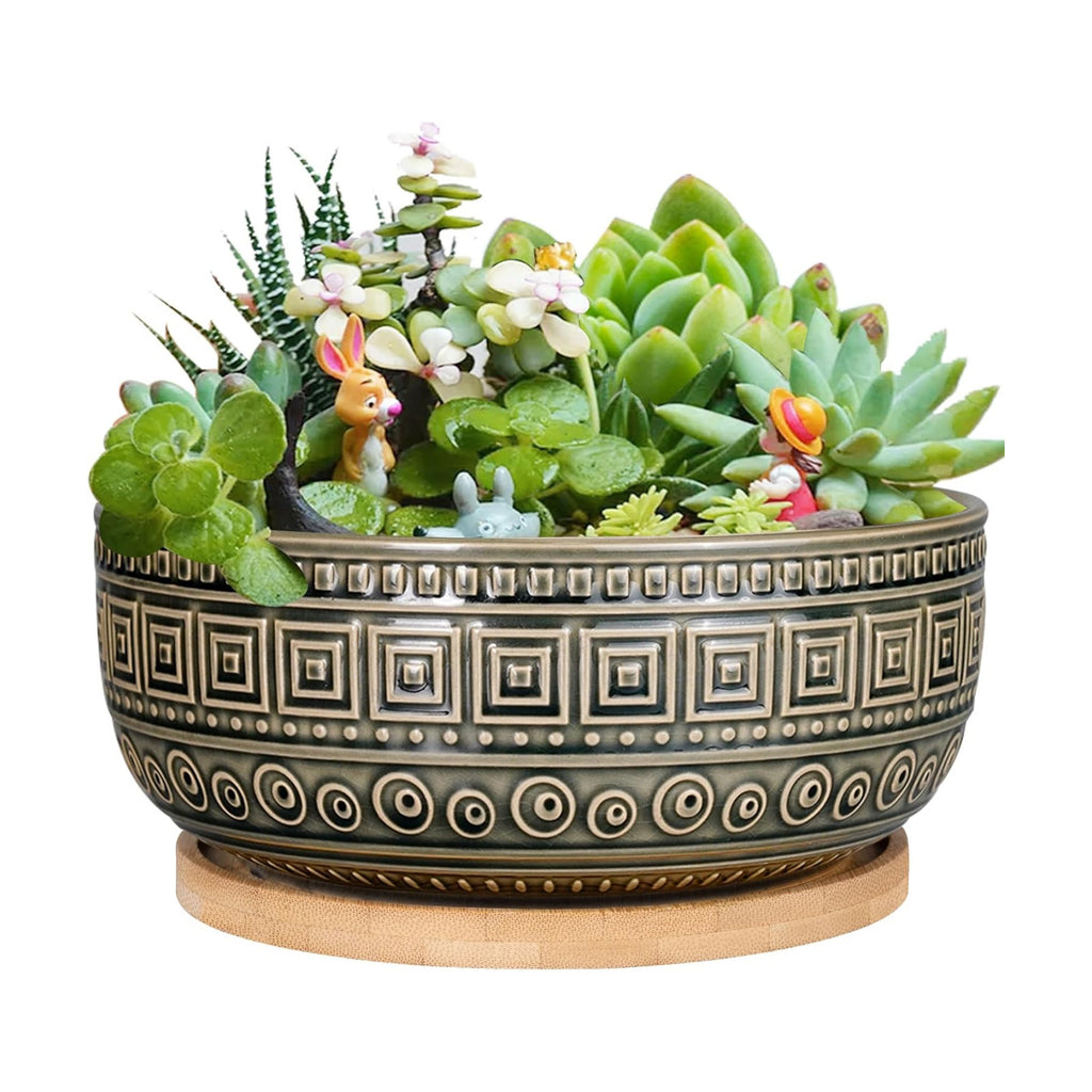 G EPGardening 8 Inch Ceramic Succulent Planter Pots Round Shallow Bonsai Planter Pot for Indoor Plants with Drainage