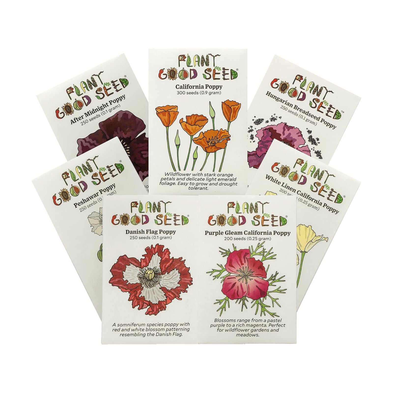 Poppy Flower Seed, 7 Variety Pack | Seven Poppy Varieties, Heirloom and California Types, Silky Ornamental Blooms