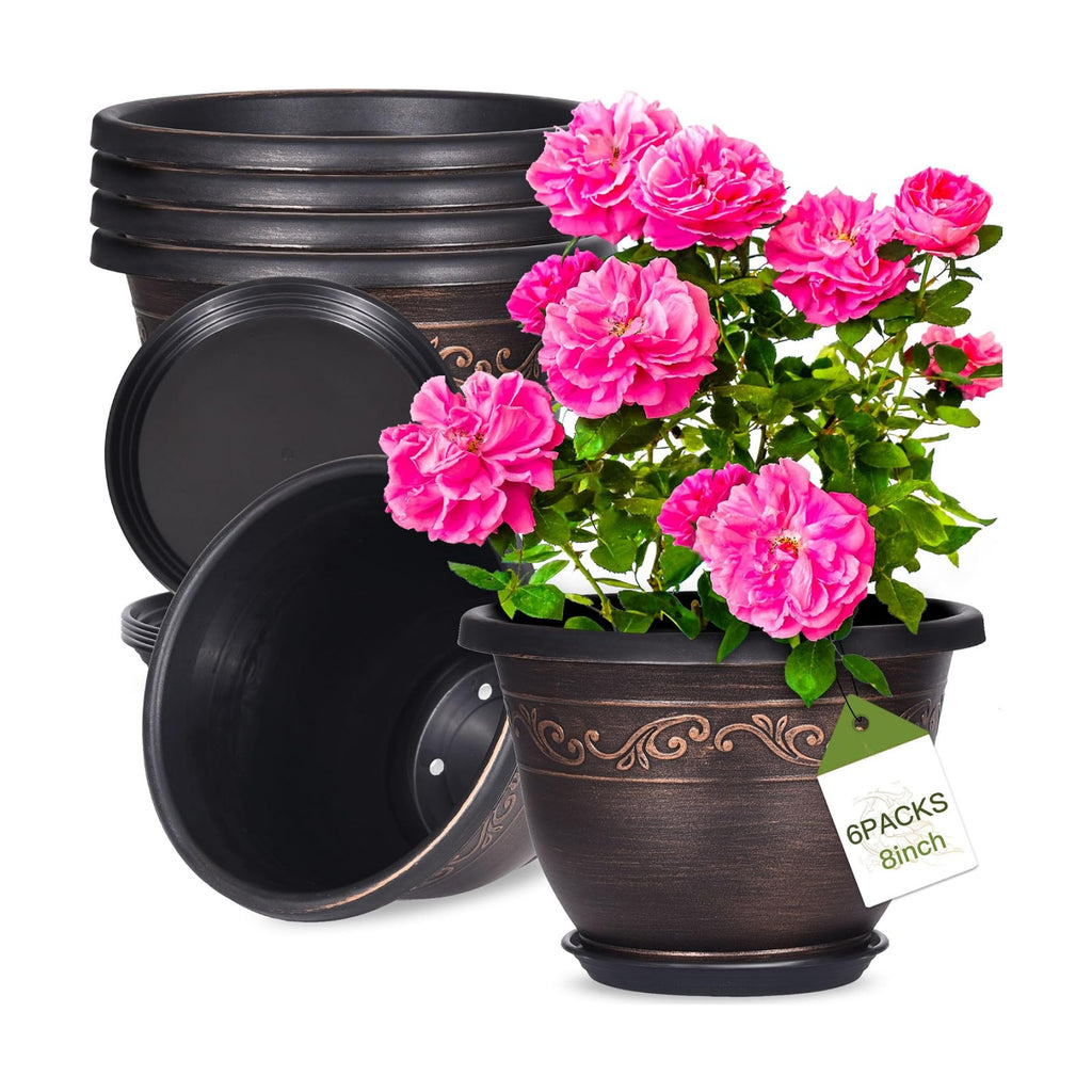 Plastic-Plant-Flower-Planters-8 Inch With Drainage Hole & Saucer, 6 Packs Lightweight Small Resin Flower Pot Indoor