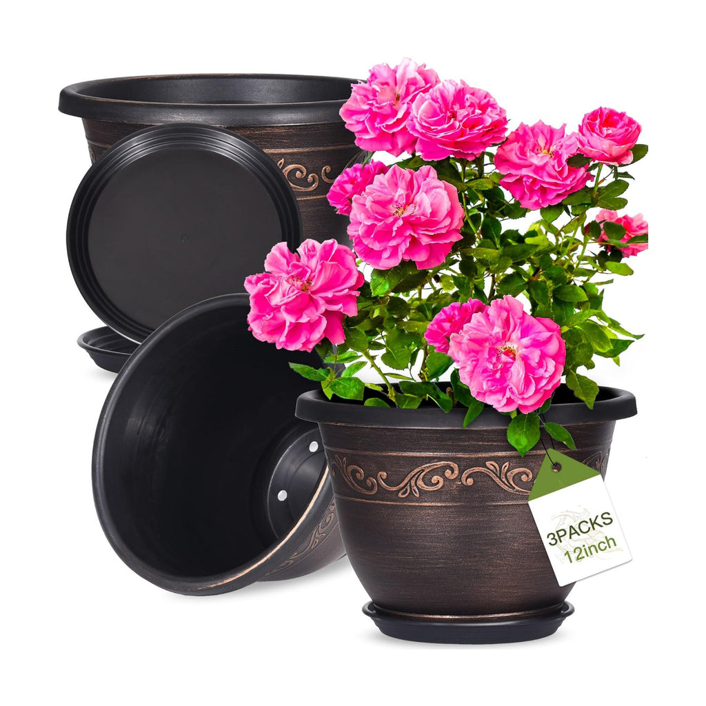 Plastic-Plant-Flower-Planters-12 Inch with Drainage Hole & Saucer, 3 Packs Lightweight Small Resin Flower Pot Indoor