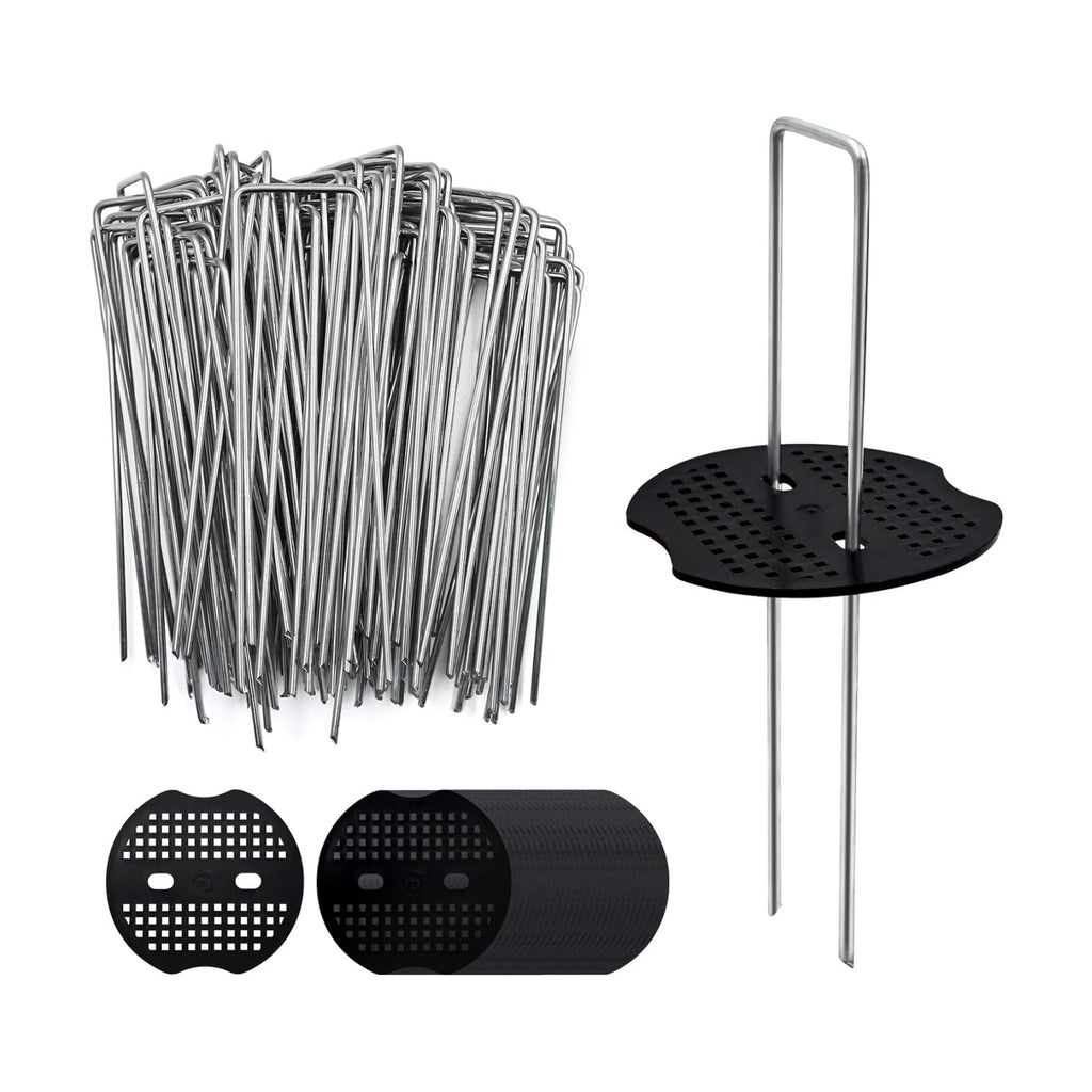 100 Pack 6 Inch Landscape Staples & 100pcs Fixing Gasket Sets, Garden Stakes Galvanized Steel Fabric Pins Heavy-Duty U