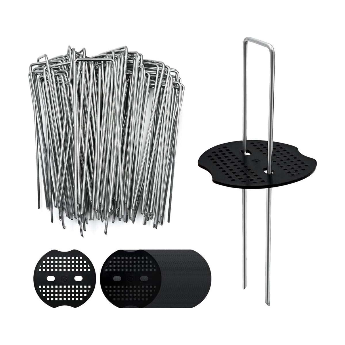 100 Pack 6 Inch Landscape Staples & 100pcs Fixing Gasket Sets, Garden Stakes Galvanized Steel Fabric Pins Heavy-Duty U