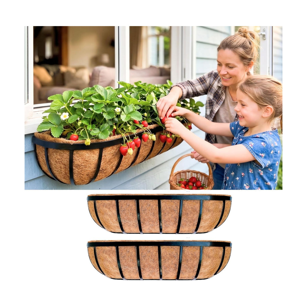 LaLaGreen Deck Railing Planter Boxes for Plants (24 Inch, 2 Pack) Black Metal Wall Planters for Outdoor Plants, Window