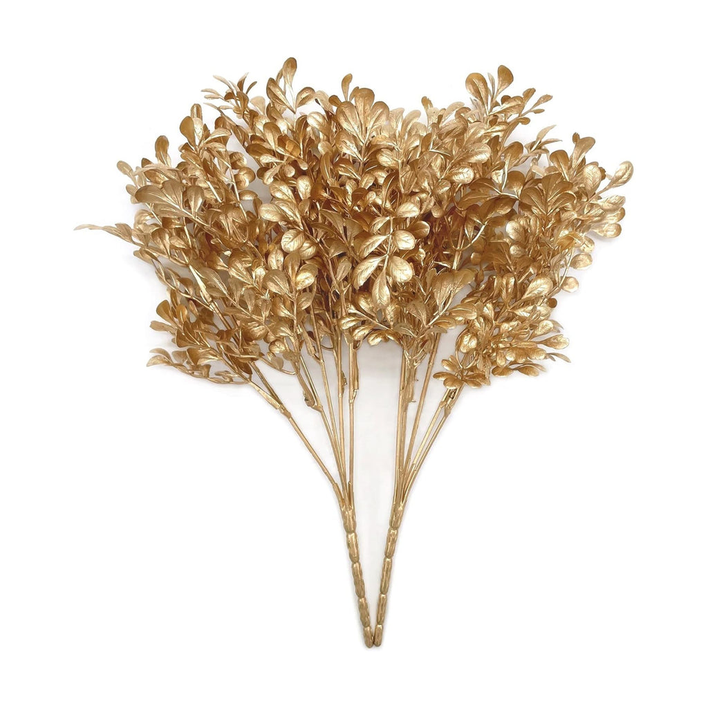 PASYOU Fake Plants Christmas Decorations, Golden Artificial Flowers Leaves Faux Foliage Home Garden Plastic Grass Shrubs Indoor Outdoor Party Hotel Verandah Wedding Event Bouquet Decor - Gold 2 Pack