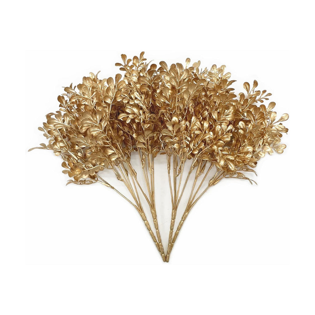PASYOU Gold Artificial Plants Christmas Decorations, Golden Fake Flowers Bouquet Leaves Faux Foliage Home Garden Indoor Outdoor Party Hotel Verandah Wedding Event Decor Plastic Grass Shrubs - 4 Pack