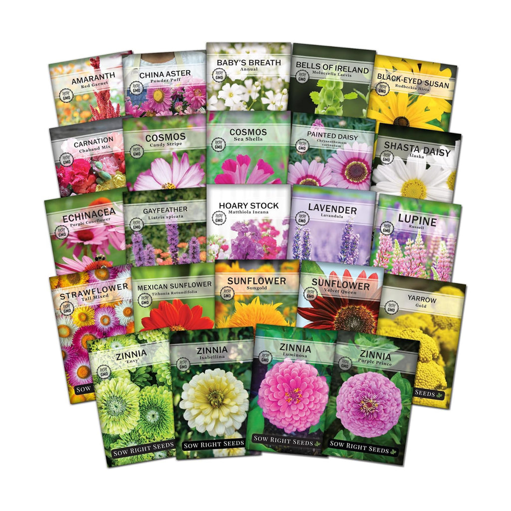 Sow Right Seeds - Large Flower Farm Seed Collection for Planting Garden | Includes zinnia, sunflower, lavender, and