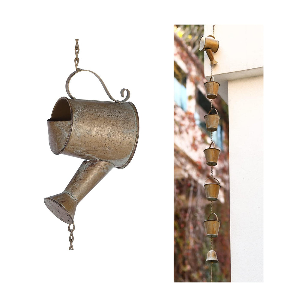Jemeni 5 Ft Copper Patina Rain Chain, Downspout Replacement | Rain Chain for Gutter with Watering Can Design, Paired