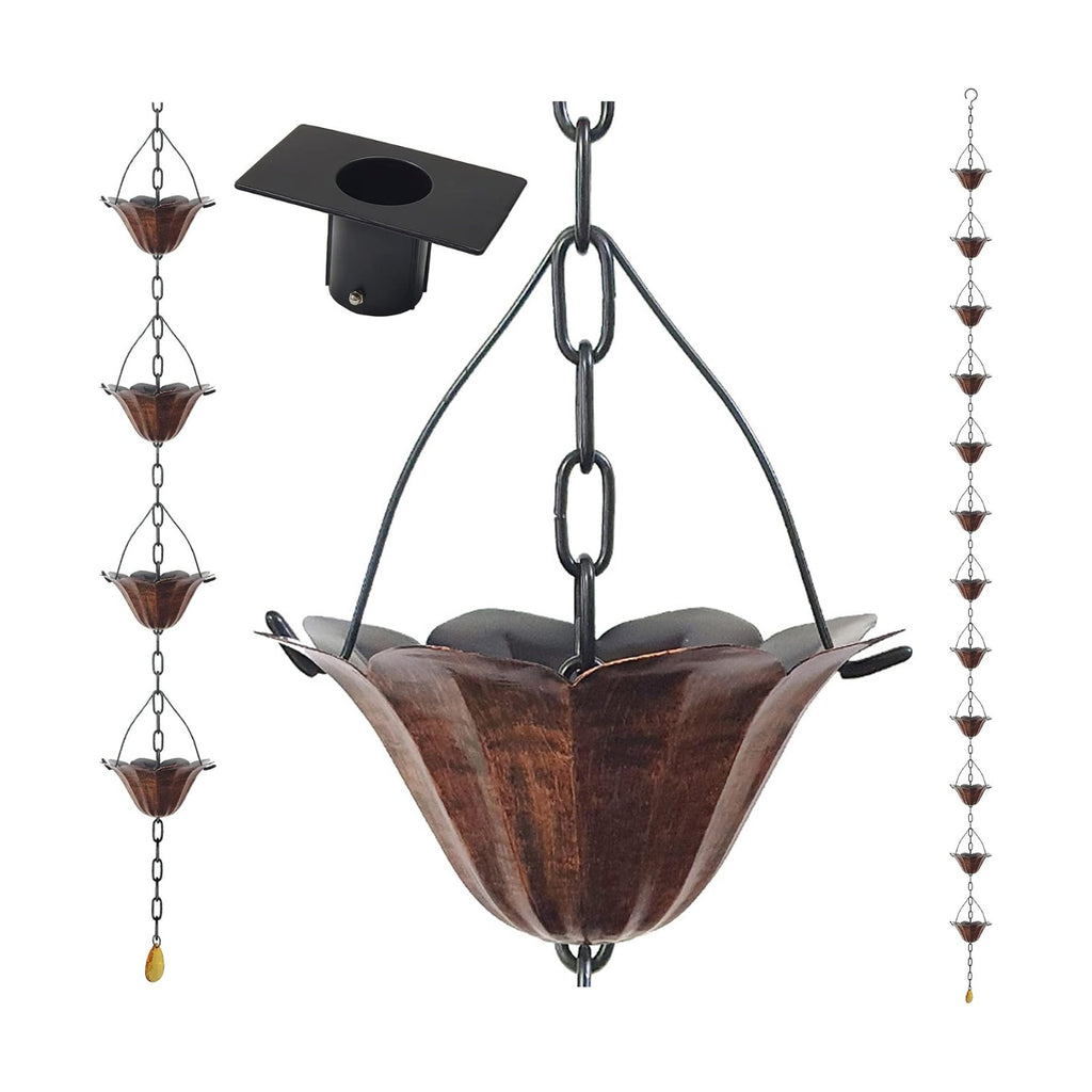 8.5FT Lotus Iron Rain Chain for Gutters and Rain Barrel+Adapter, Bronze | Rain Chains for Downspout, Rust-Prevent