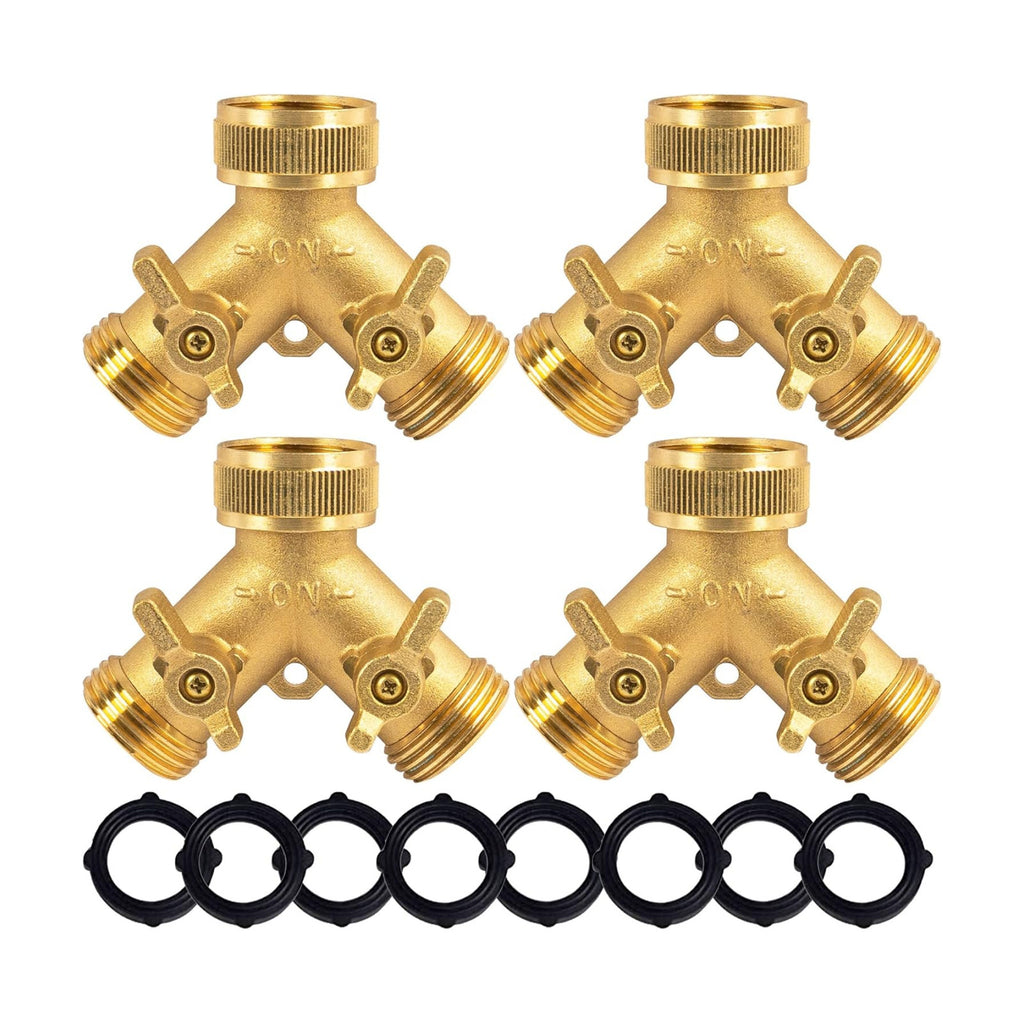 Hourleey Brass Garden Hose Splitter (2 Way), Solid Brass Hose Y Splitter 2 Valves with 2 Extra Rubber Washers (4 Pack)