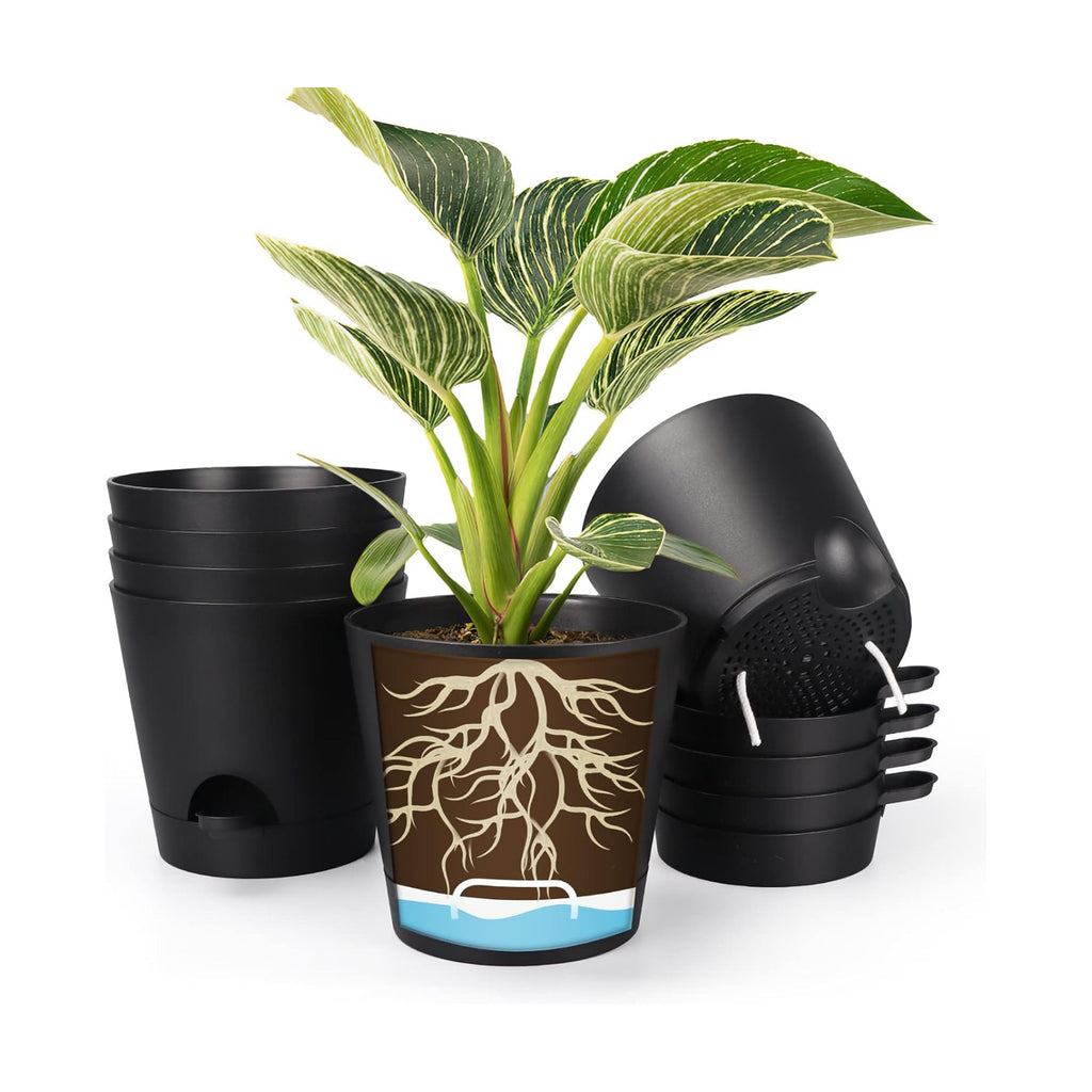 8 Inch Self Watering pots for Indoor, 6 Pack Plastic Plant Pots with Drainage Holes, Black