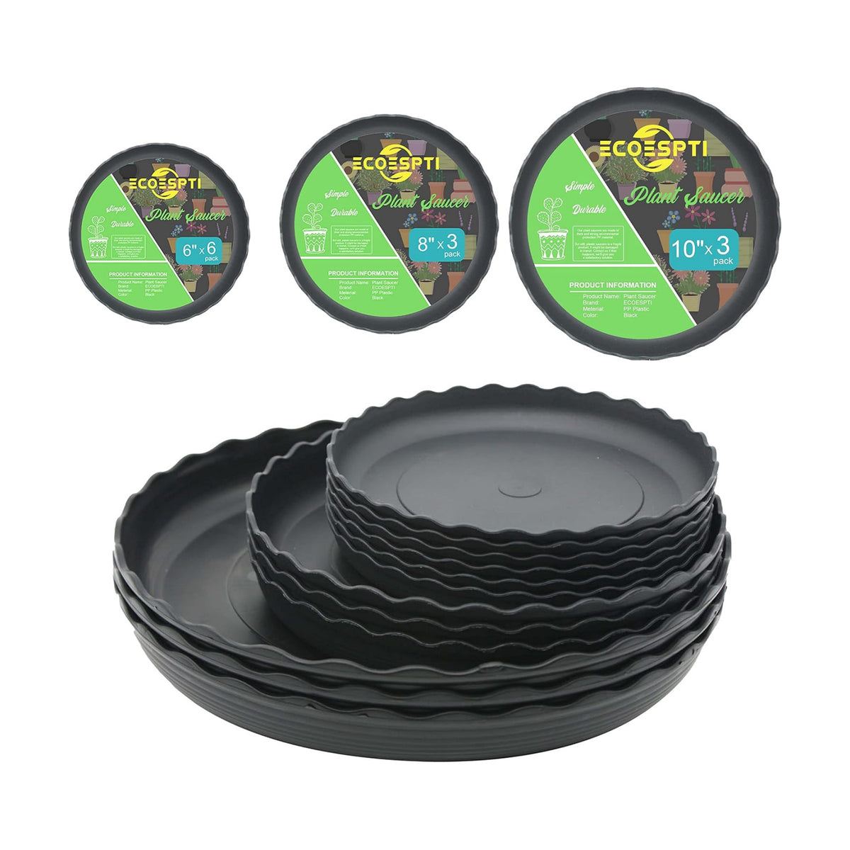 12Pcs Plant Saucer, 6 8 10 Inch Durable Plastic Plant Tray, Black Round Plant Pot Saucers, Drip Tray for Indoor and Outdoor Garden